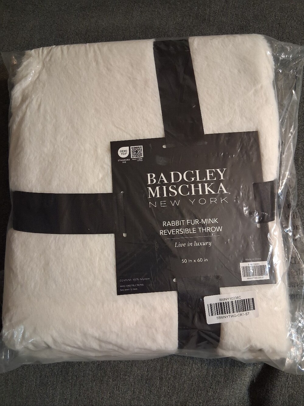 Badgley Mischka White Plush Rabbit Fur-Mink Throw with Black Label Accent